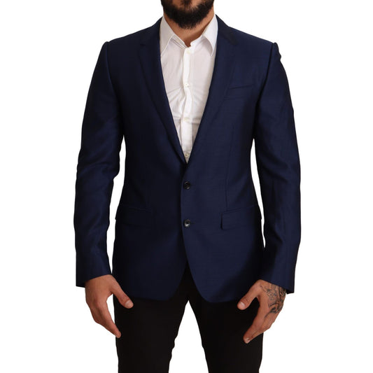 Dolce & Gabbana Navy Blue Slim Fit Jacket MARTINI Blazer showcasing elegant style with notch lapel and single-breasted design.