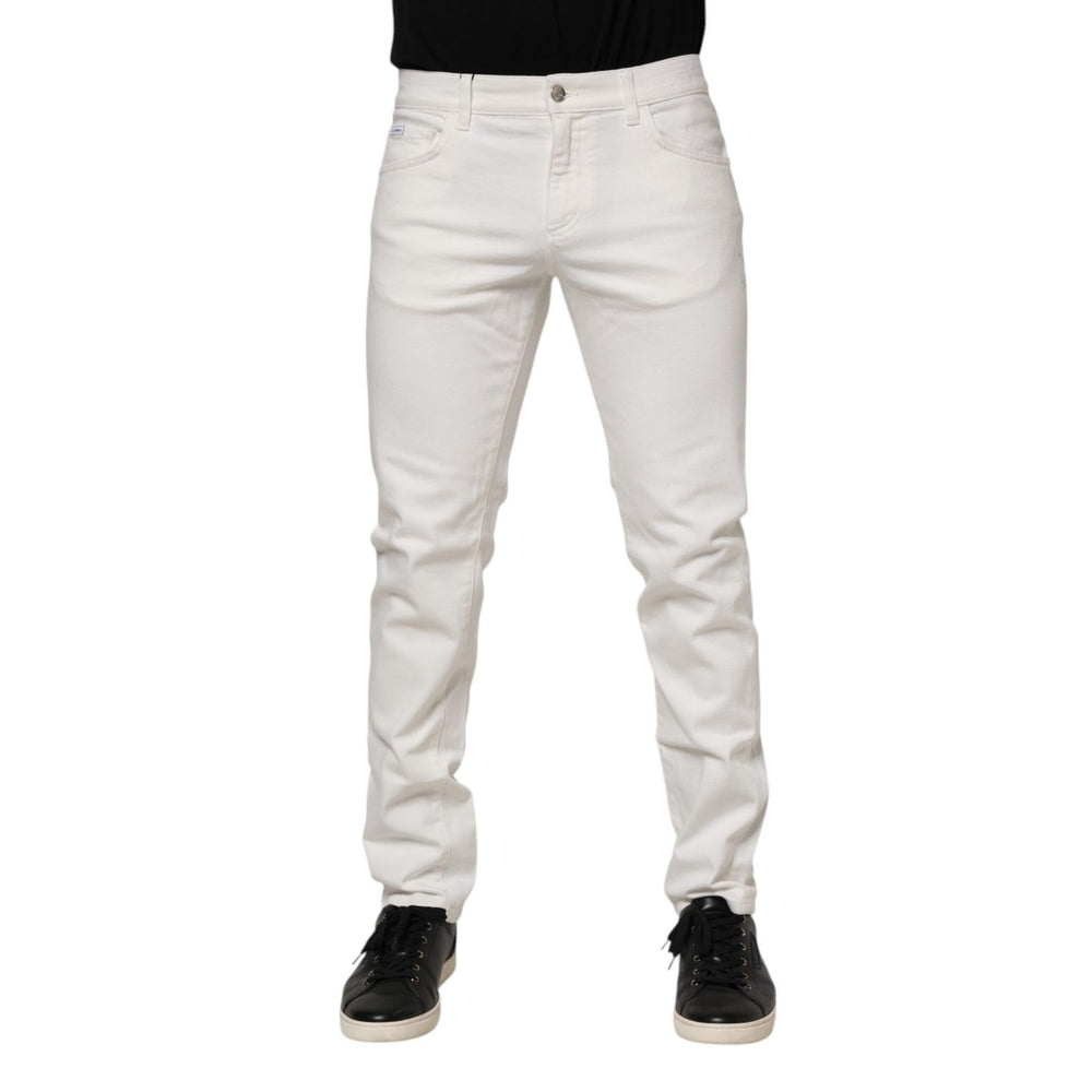 Dolce & Gabbana Off White Cotton Stretch Slim Fit Denim Jeans shown on model