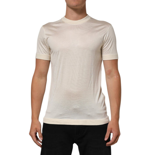 Dolce & Gabbana Off White Silk Crew Neck Short Sleeve T-shirt for men, luxury Italian-made casual wear.