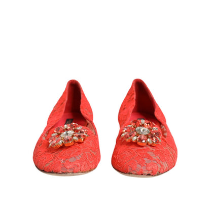 Dolce & Gabbana Orange Lace Crystal Ballet Flats Loafers Shoes