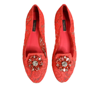 Dolce & Gabbana Orange Lace Crystal Ballet Flats Loafers Shoes