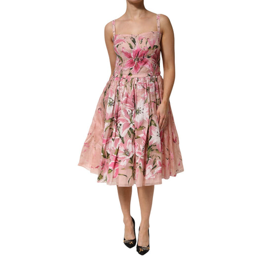 Dolce & Gabbana Pink Cotton Floral Pleated Sleeveless Dress with lily print and adjustable straps, crafted in Italy.