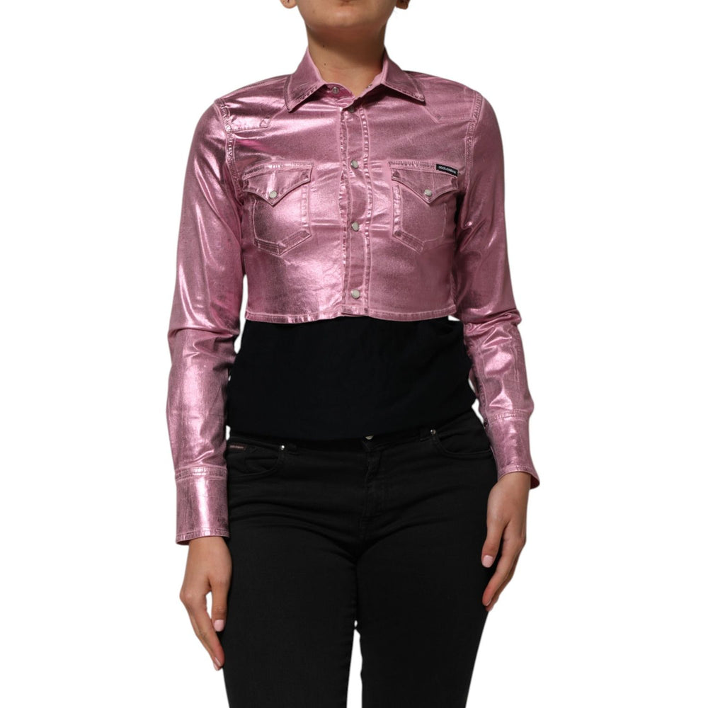 Model wearing Dolce & Gabbana Pink Cotton Stretch Collared Cropped Jacket, highlighting long sleeves and structured collar.