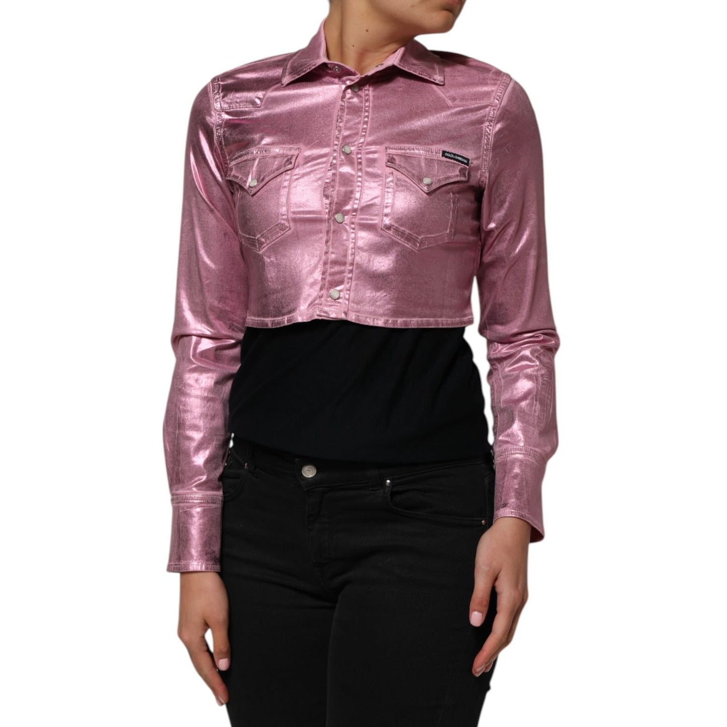 Model wearing Dolce & Gabbana Pink Cotton Stretch Collared Cropped Jacket with long sleeves and structured collar.
