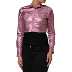 Model wearing Dolce & Gabbana Pink Cotton Stretch Collared Cropped Jacket with long sleeves and structured collar.