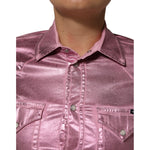 Dolce & Gabbana Pink Cotton Stretch Collared Cropped Jacket featuring shiny fabric and structured collar.