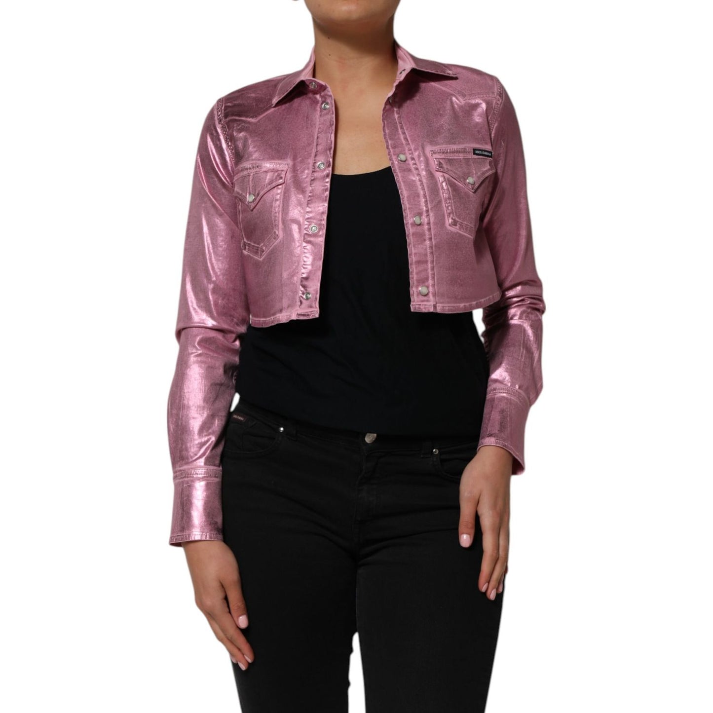 Dolce & Gabbana Pink Cotton Stretch Collared Cropped Jacket on model, modern fashion style.