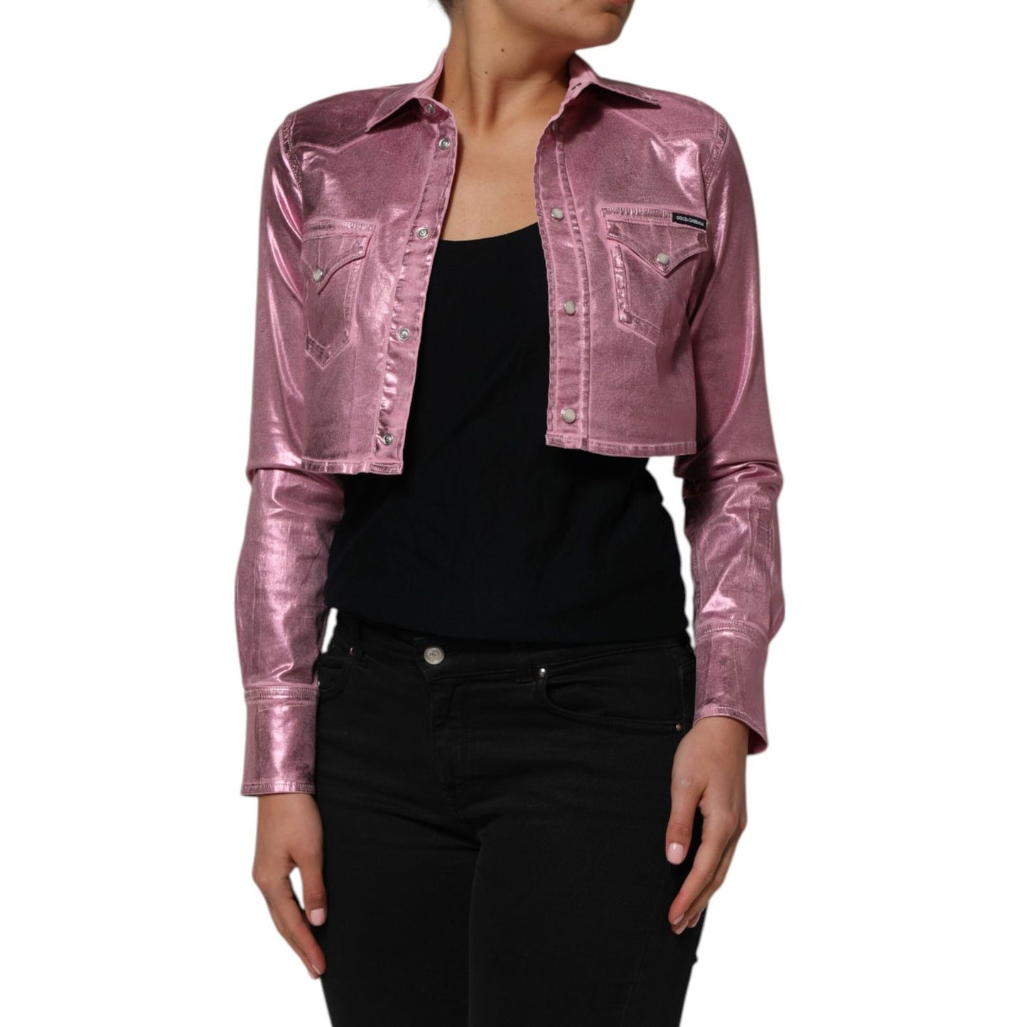 Dolce & Gabbana Pink Cotton Stretch Collared Cropped Jacket with long sleeves and structured collar