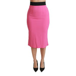 Dolce & Gabbana Pink High Waist Pencil Cut Midi Skirt, below knee with zipper closure. Made in Italy, viscose blend, logo details.