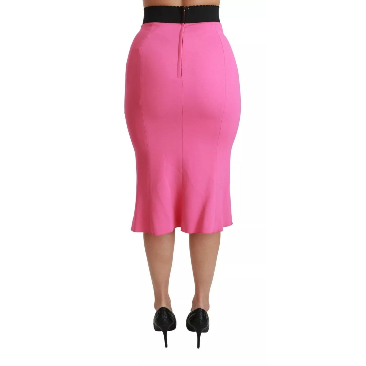 Dolce & Gabbana Pink High Waist Pencil Cut Midi Skirt with zipper closure and silk stretch lining, viewed from the back, made in Italy.