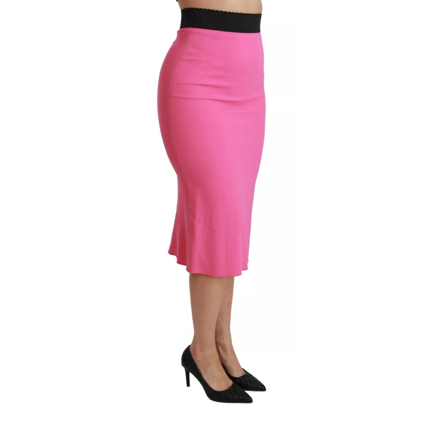 Dolce & Gabbana Pink High Waist Pencil Cut Midi Skirt with zipper closure and logo details, made in Italy with silk stretch lining.