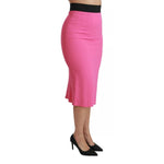 Dolce & Gabbana Pink High Waist Pencil Cut Midi Skirt with zipper closure and logo details, made in Italy with silk stretch lining.