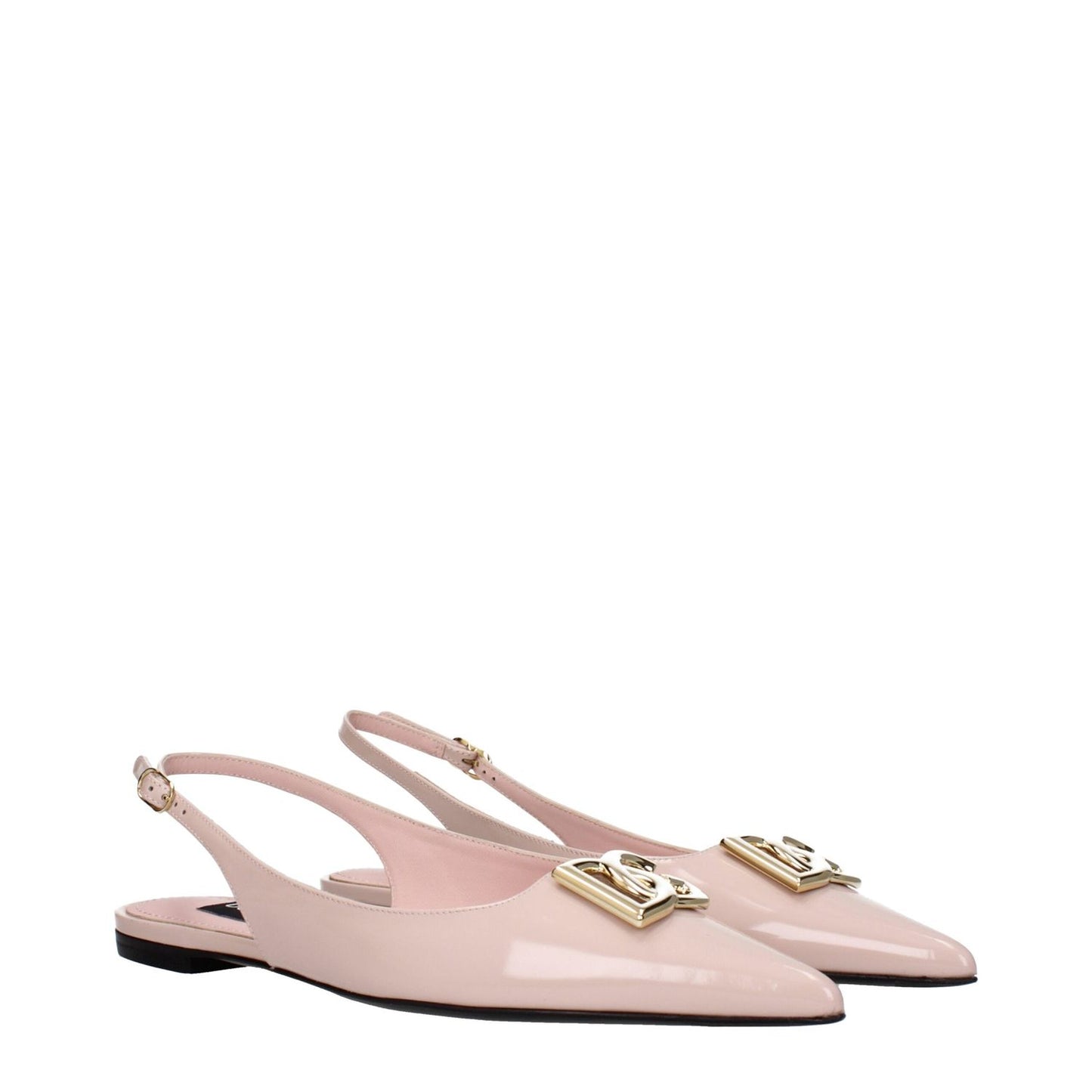 Dolce & Gabbana Pink Leather Ballet Flats with pointy toe and buckle closure, featuring front logo in patent leather.