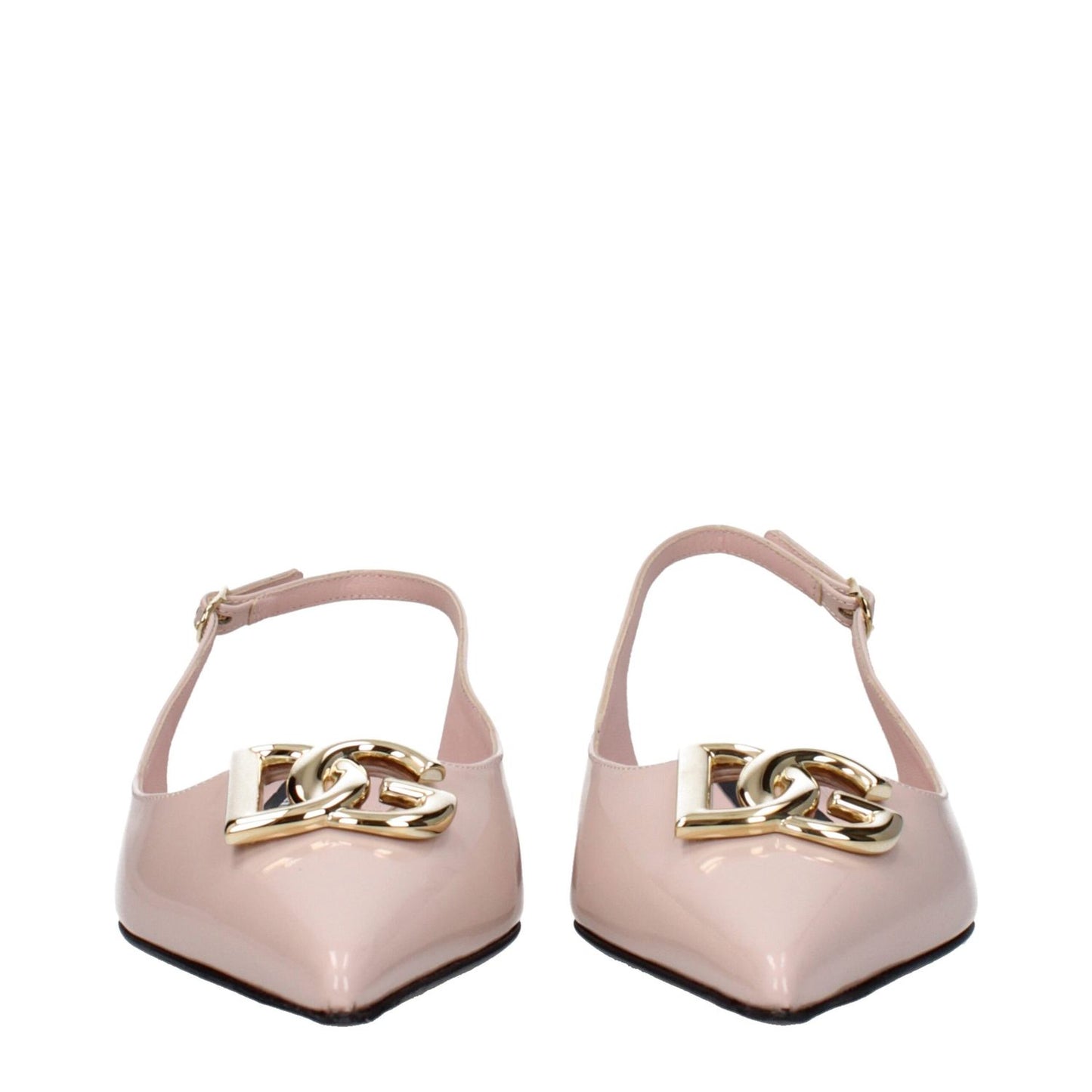Dolce & Gabbana Pink Leather Ballet Flats with gold front logo and pointy toe, featuring buckle closure for casual style.