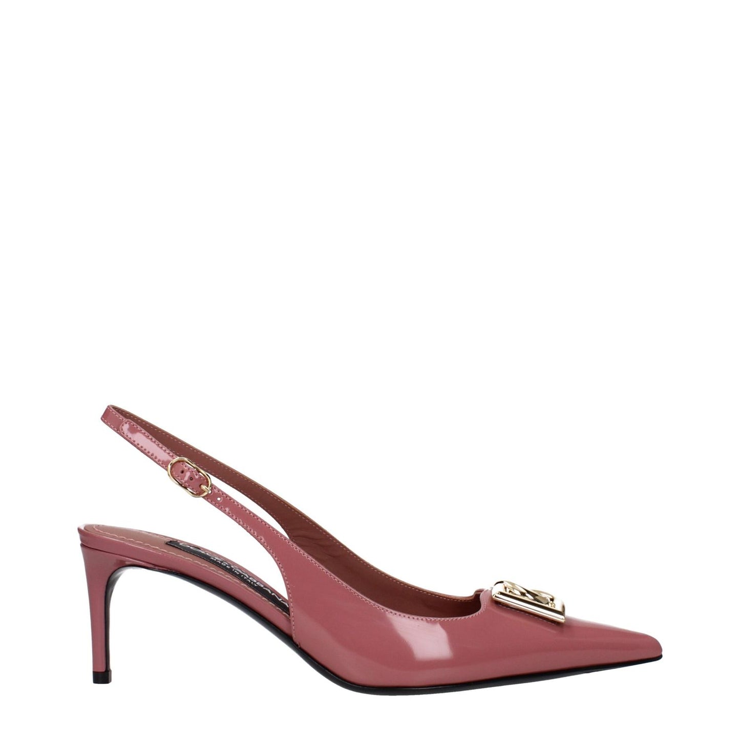 Dolce & Gabbana Pink Leather High Heel Pumps with buckle closure and pointy toe, featuring a gold front logo, stylish design.