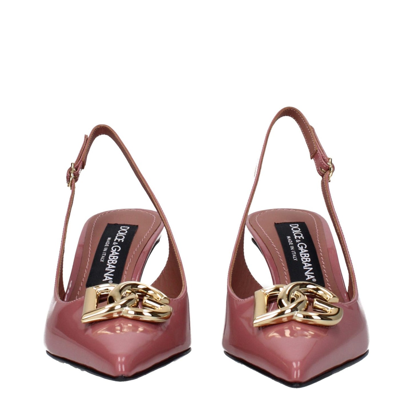 Dolce & Gabbana Pink Leather High Heel Pumps with front logo and buckle closure, pointy toe, leather sole, 6 cm mid heels.