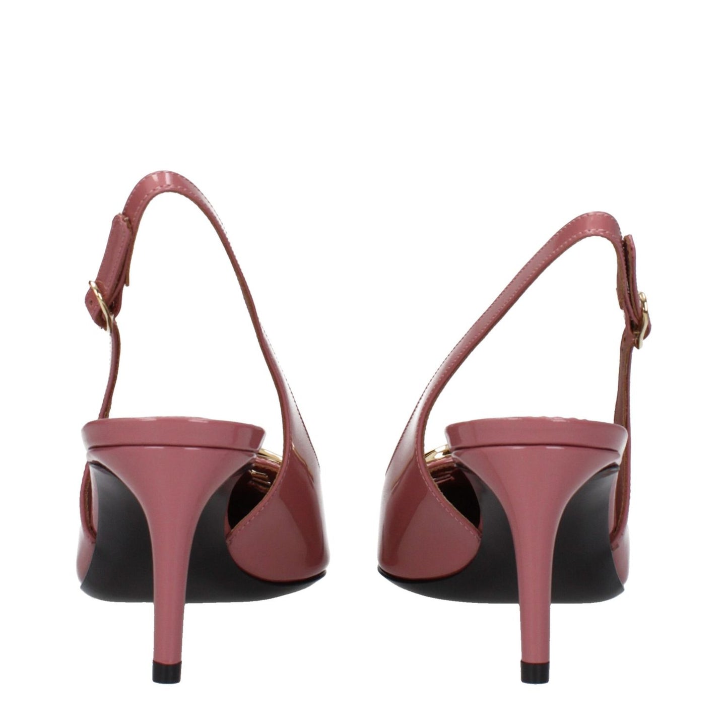 Back view of Dolce & Gabbana Pink Leather High Heel Pumps with buckle closure and mid heels, featuring pointy toe and leather sole.