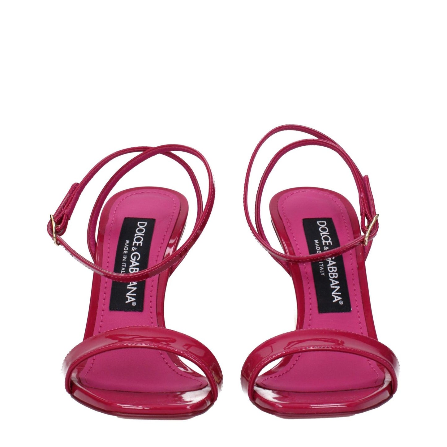 Dolce & Gabbana Pink Leather Stiletto Heel Sandals with buckle closure and open toe design.