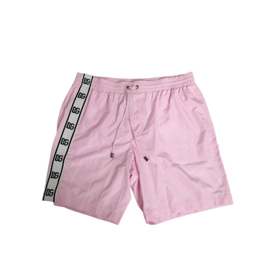 Dolce & Gabbana Pink Nylon Logo Side Stripe Beachwear Men Swimwear with drawstring waistband and DG logo stripe.