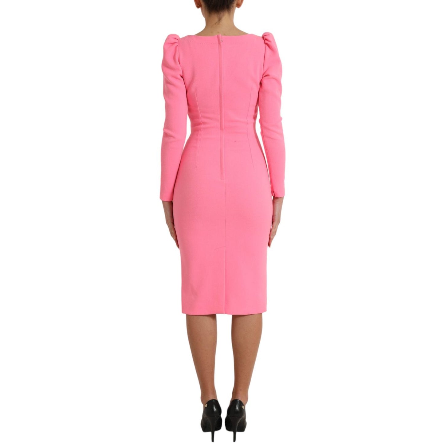 Dolce & Gabbana Pink Polyester Long Sleeves Sheath Midi Dress viewed from back, elegant design for a sophisticated look.