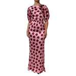 Dolce & Gabbana Pink Red Polka Dot Silk Satin Maxi Gown Dress with puffed sleeves and smocked waist.
