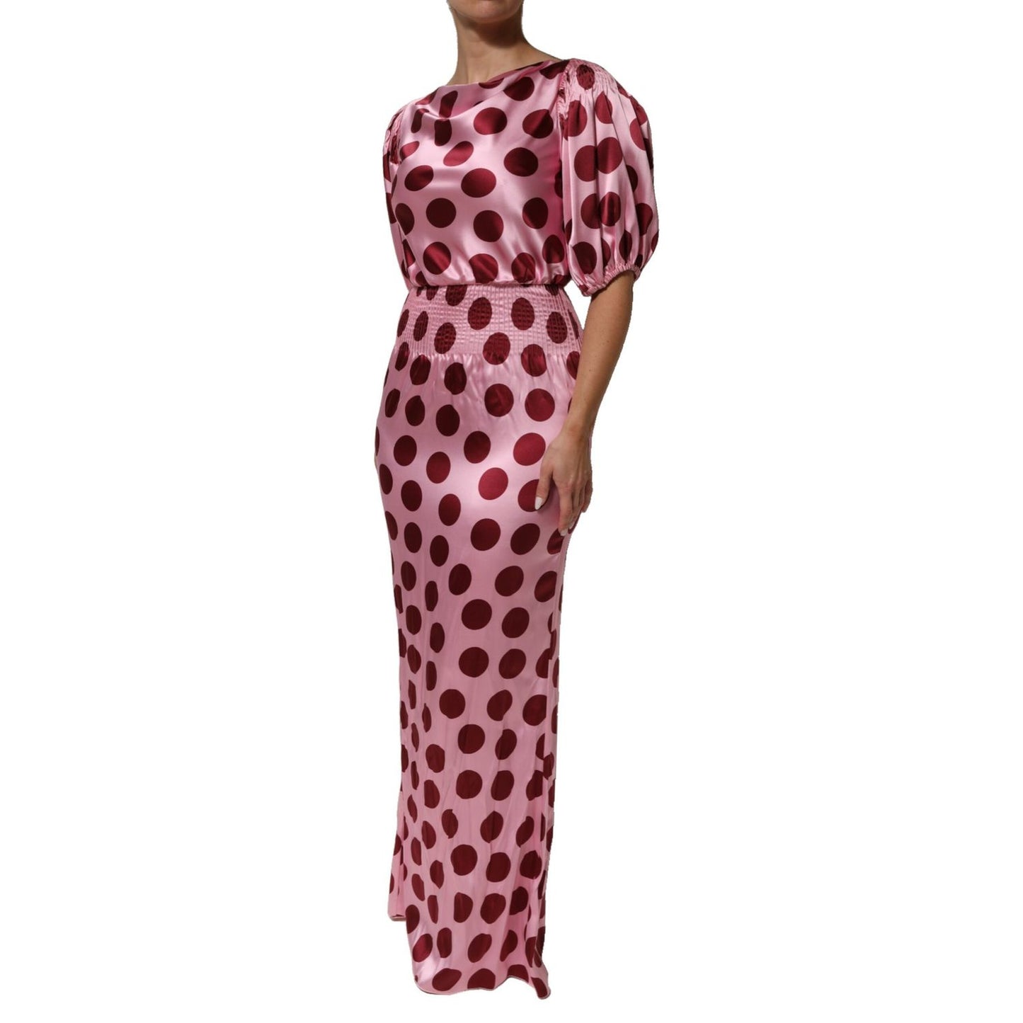 Dolce & Gabbana Pink Red Polka Dot Silk Satin Maxi Gown Dress with boat neckline and puffed half sleeves for special occasions.