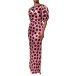 Dolce & Gabbana Pink Red Polka Dot Silk Satin Maxi Gown Dress with boat neckline and puffed half sleeves for special occasions.