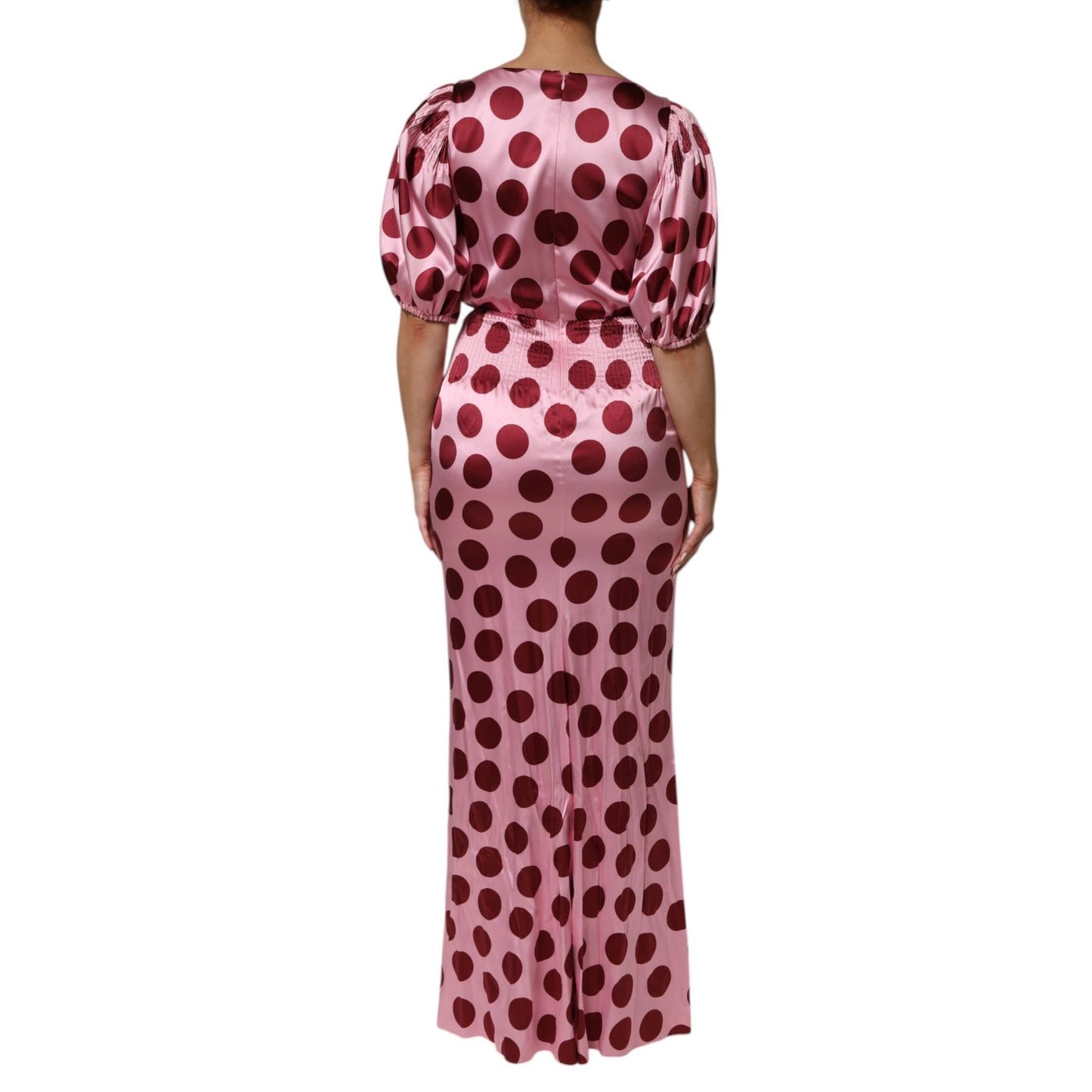 Dolce & Gabbana Pink Red Polka Dot Silk Satin Maxi Gown Dress, back view showing puffed sleeves and sleek long skirt