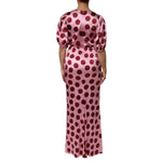 Dolce & Gabbana Pink Red Polka Dot Silk Satin Maxi Gown Dress, back view showing puffed sleeves and sleek long skirt