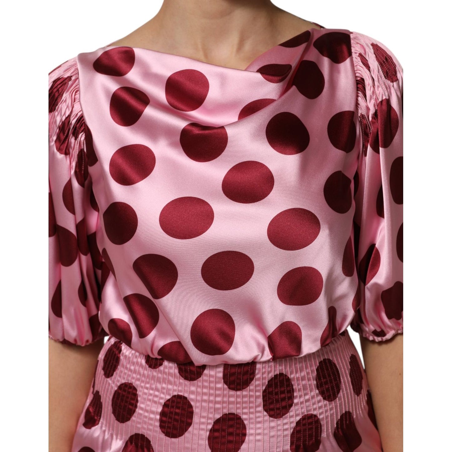 Dolce & Gabbana Pink Red Polka Dot Silk Satin Maxi Gown Dress with puffed sleeves and smocked waist