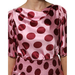 Dolce & Gabbana Pink Red Polka Dot Silk Satin Maxi Gown Dress with puffed sleeves and smocked waist