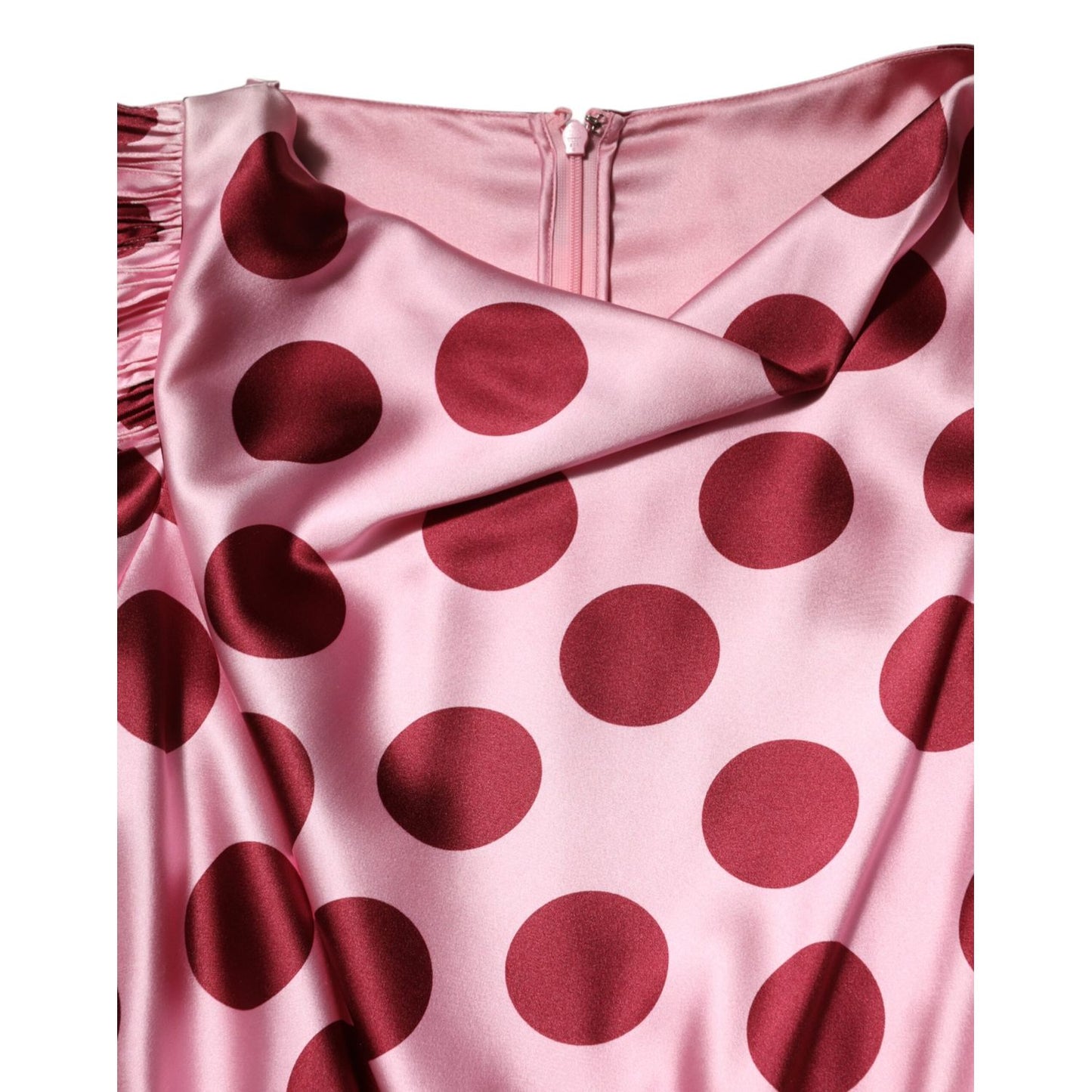 Dolce & Gabbana Pink Red Polka Dot Silk Satin Maxi Gown Dress - close-up of fabric details