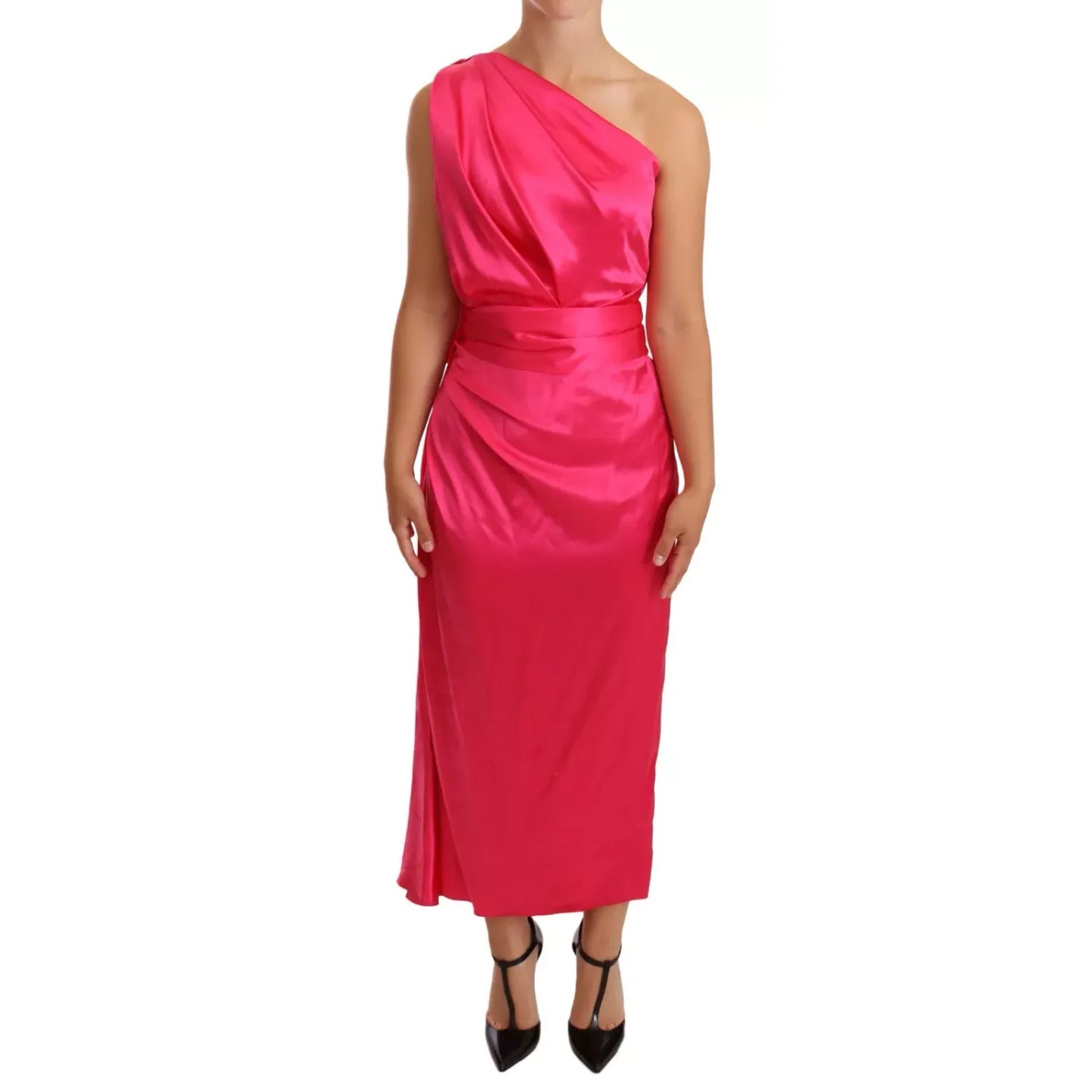 Dolce & Gabbana Pink Sheath Silk Bow Open Shoulder Dress with elegant drape and romantic charm for special occasions
