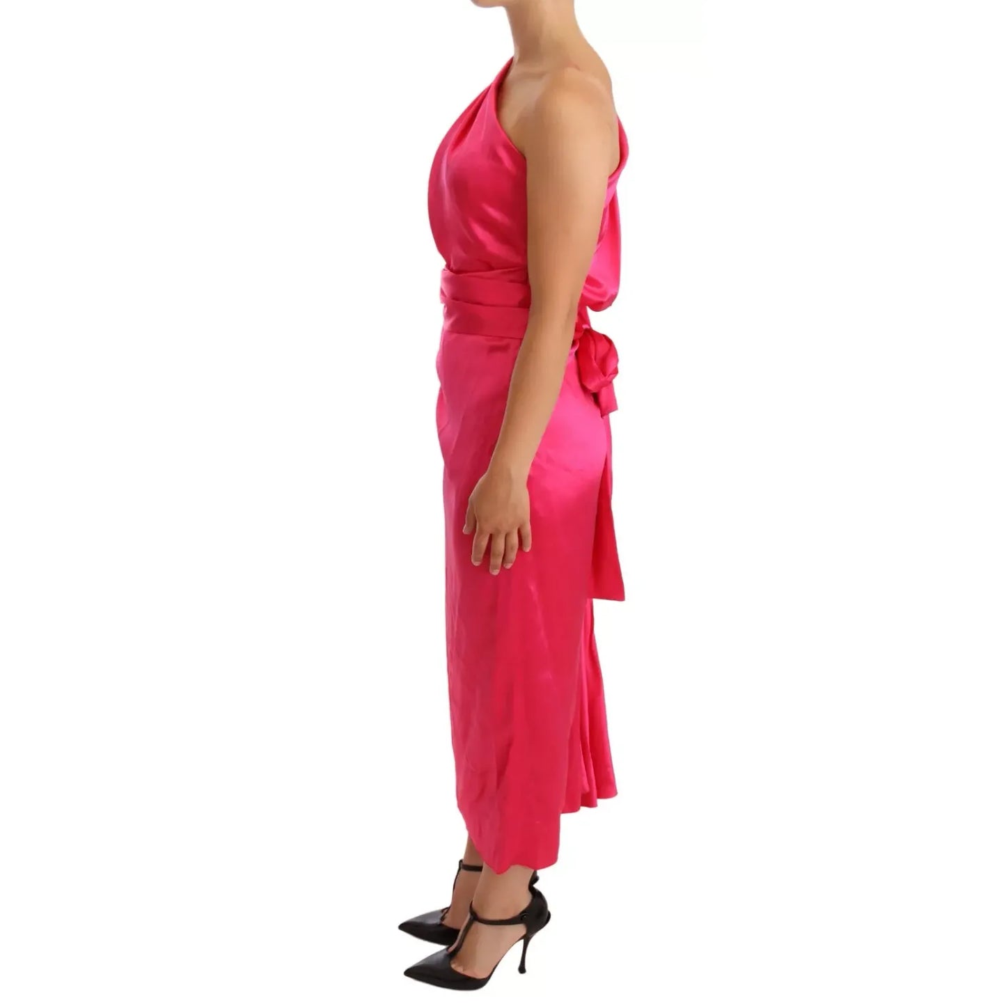 Dolce & Gabbana Pink Sheath Silk Bow Open Shoulder Dress in fuchsia, side view showcasing elegant silhouette and bow detail.