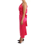 Dolce & Gabbana Pink Sheath Silk Bow Open Shoulder Dress in fuchsia, side view showcasing elegant silhouette and bow detail.