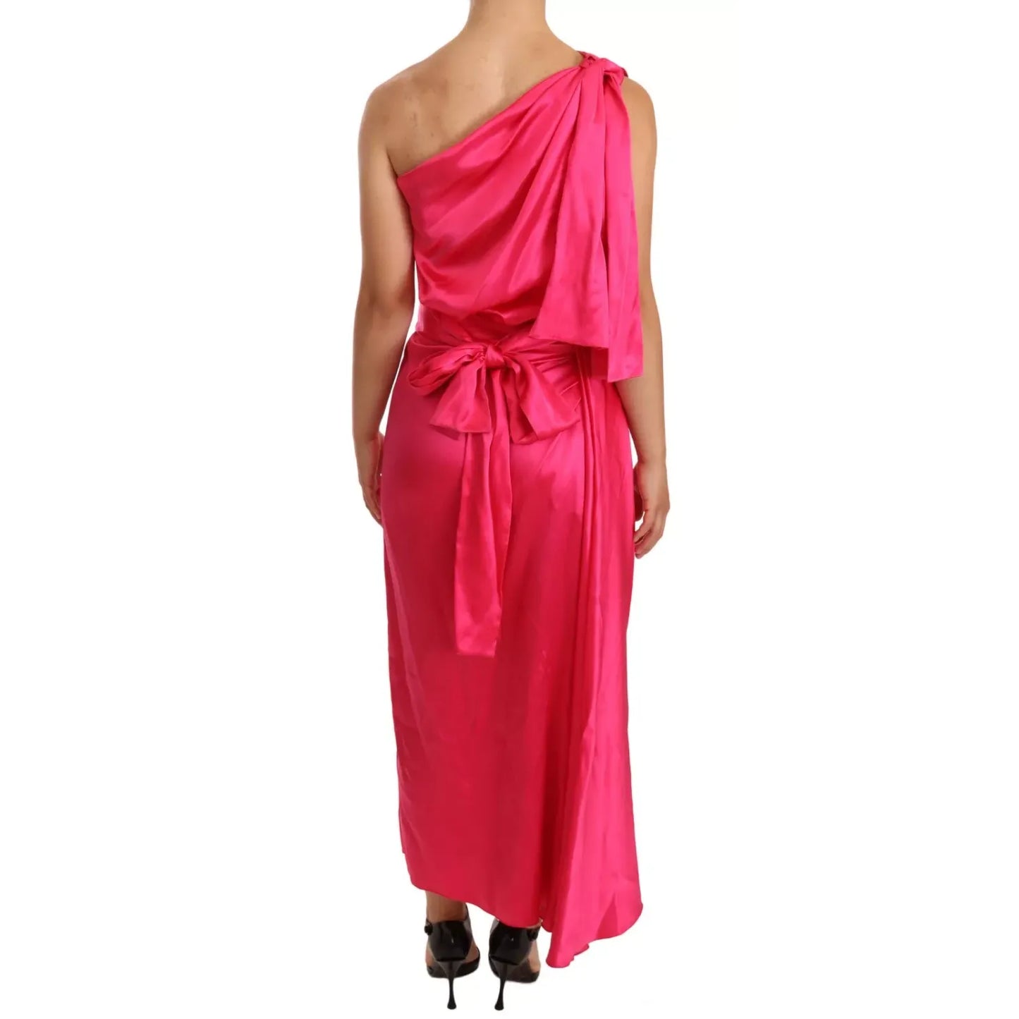 Dolce & Gabbana Pink Sheath Silk Bow Open Shoulder Dress with a romantic bow accent, perfect for cocktail parties and special occasions.