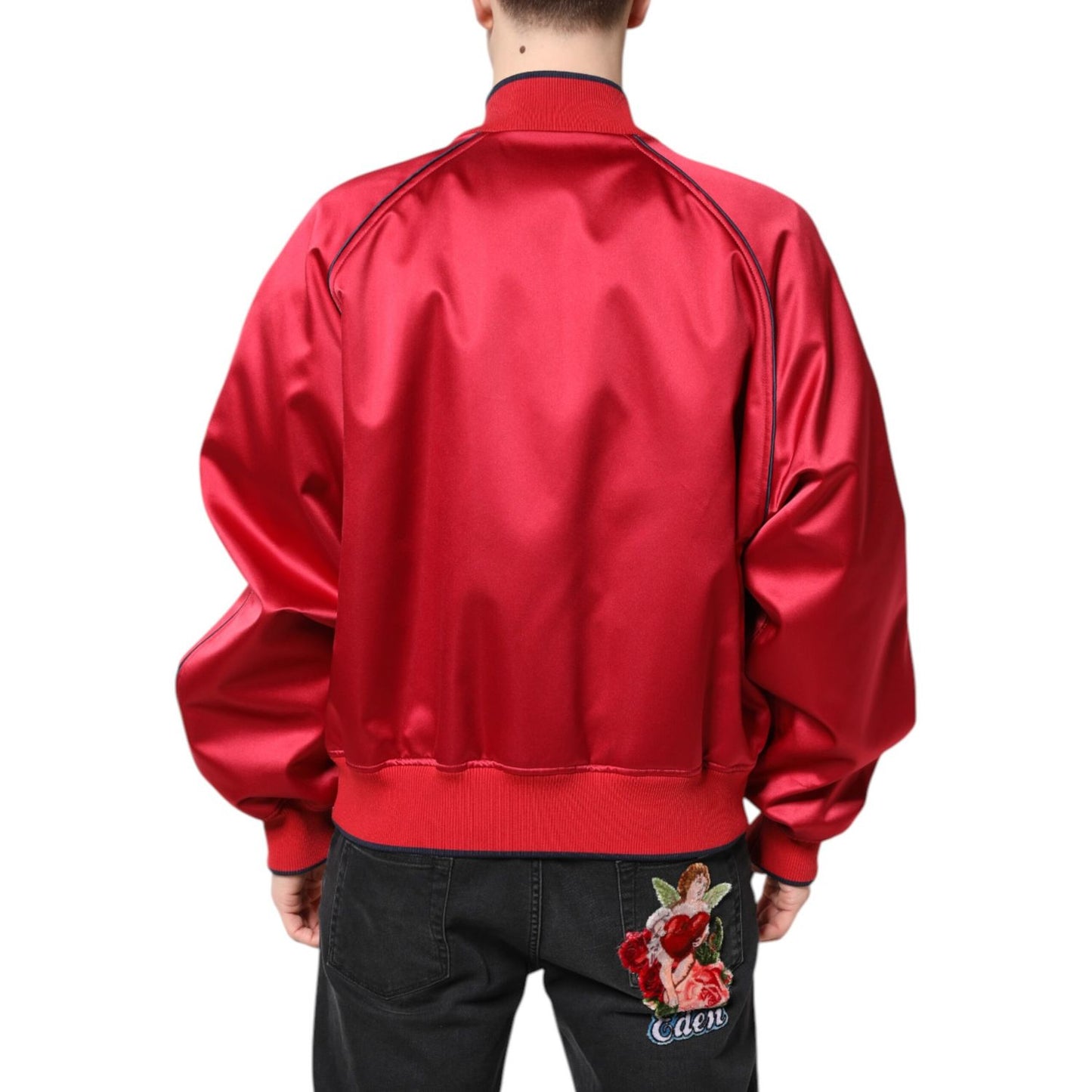 Dolce & Gabbana Red Floral Patch Full Zip Men Bomber Jacket