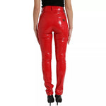 Back view of Dolce & Gabbana Red High Waist Skinny Trouser Shiny Pants with zipper closure, logo detail, and high comfort fit.