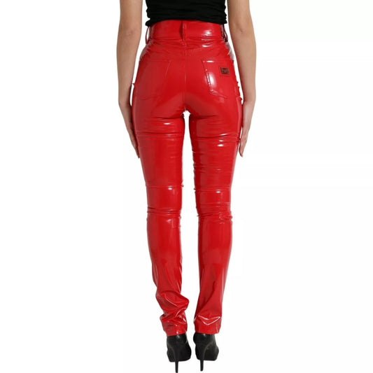 Back view of Dolce & Gabbana Red High Waist Skinny Trouser Shiny Pants with zipper closure, logo detail, and high comfort fit.