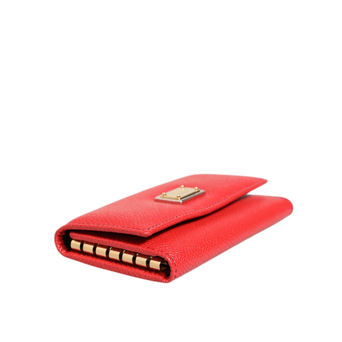 Dolce & Gabbana Red Leather Silver Metal Logo Plaque Trifold Key Holder with logo engraved hardware.