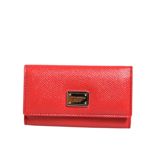 Dolce & Gabbana Red Leather Silver Metal Logo Plaque Trifold Key Holder with scratches on the right side
