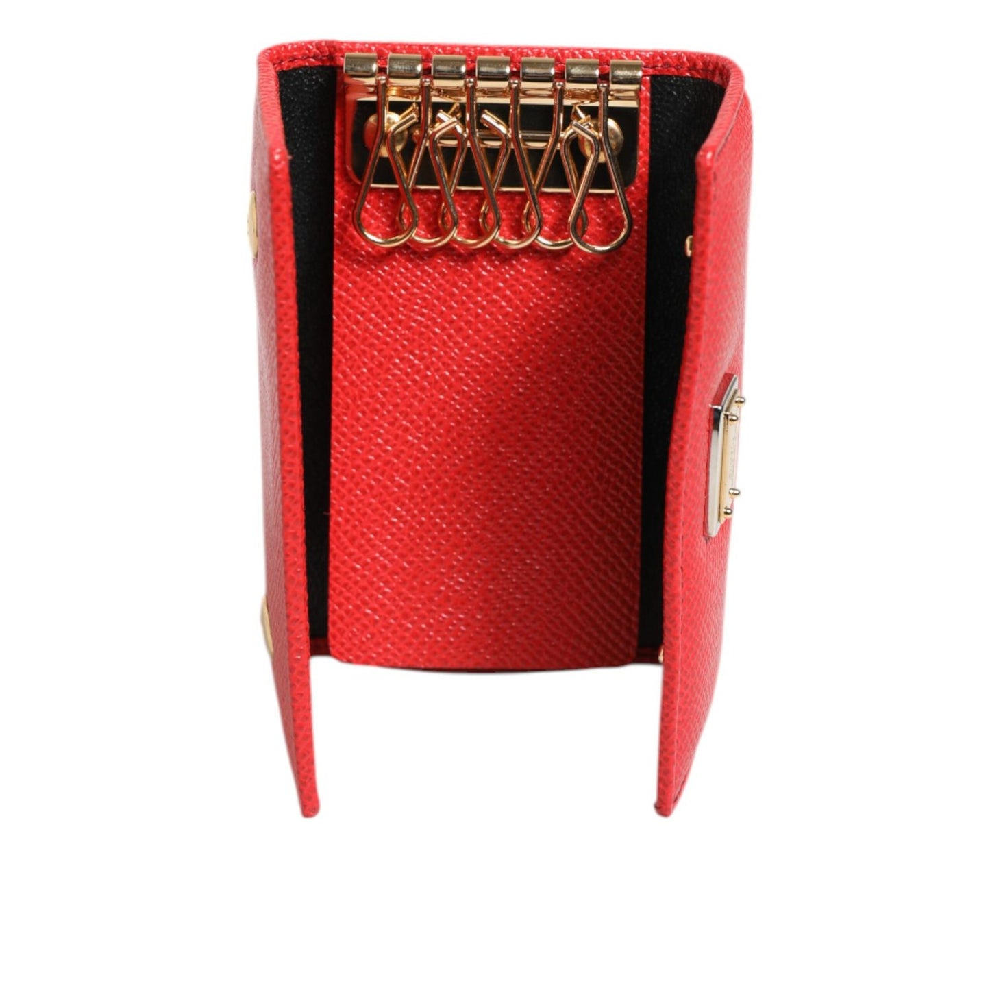 Dolce & Gabbana Red Leather Silver Metal Logo Plaque Trifold Key Holder with keyring attachment and logo engraved hardware
