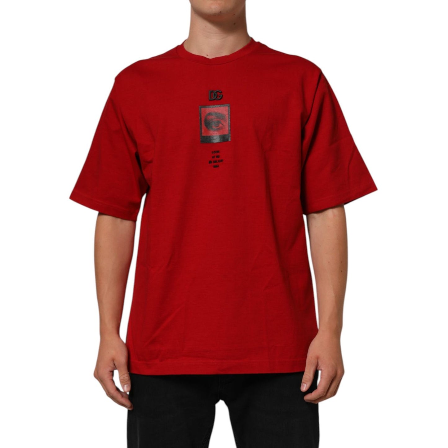 Dolce & Gabbana Red Logo Eye Print Cotton Short Sleeve T-shirt featuring logo and eye print on model front view