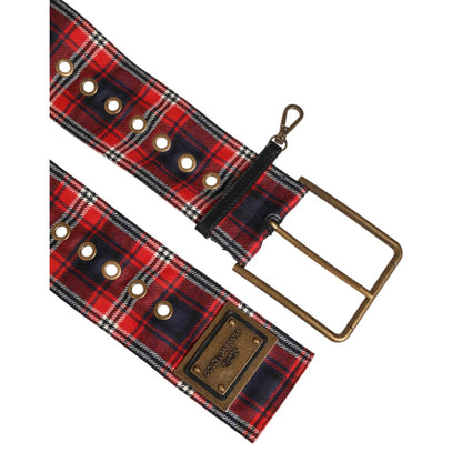 Dolce & Gabbana Red Plaid Fabric Logo Plate Brass Buckle Belt