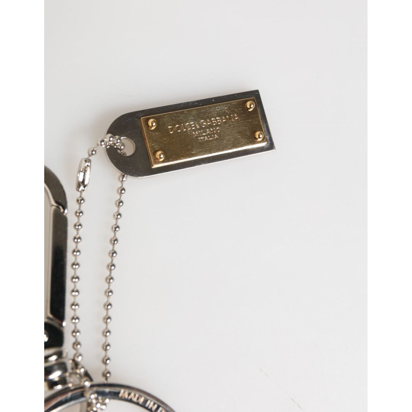 Dolce & Gabbana Silver DG Logo Key Holder Keychain Bag Charm Keyring with brand tag charm detail.