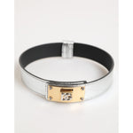 Dolce & Gabbana Silver Textured Leather Gold Tone Metal Neckband with logo engravings and adjustable buckle closure.