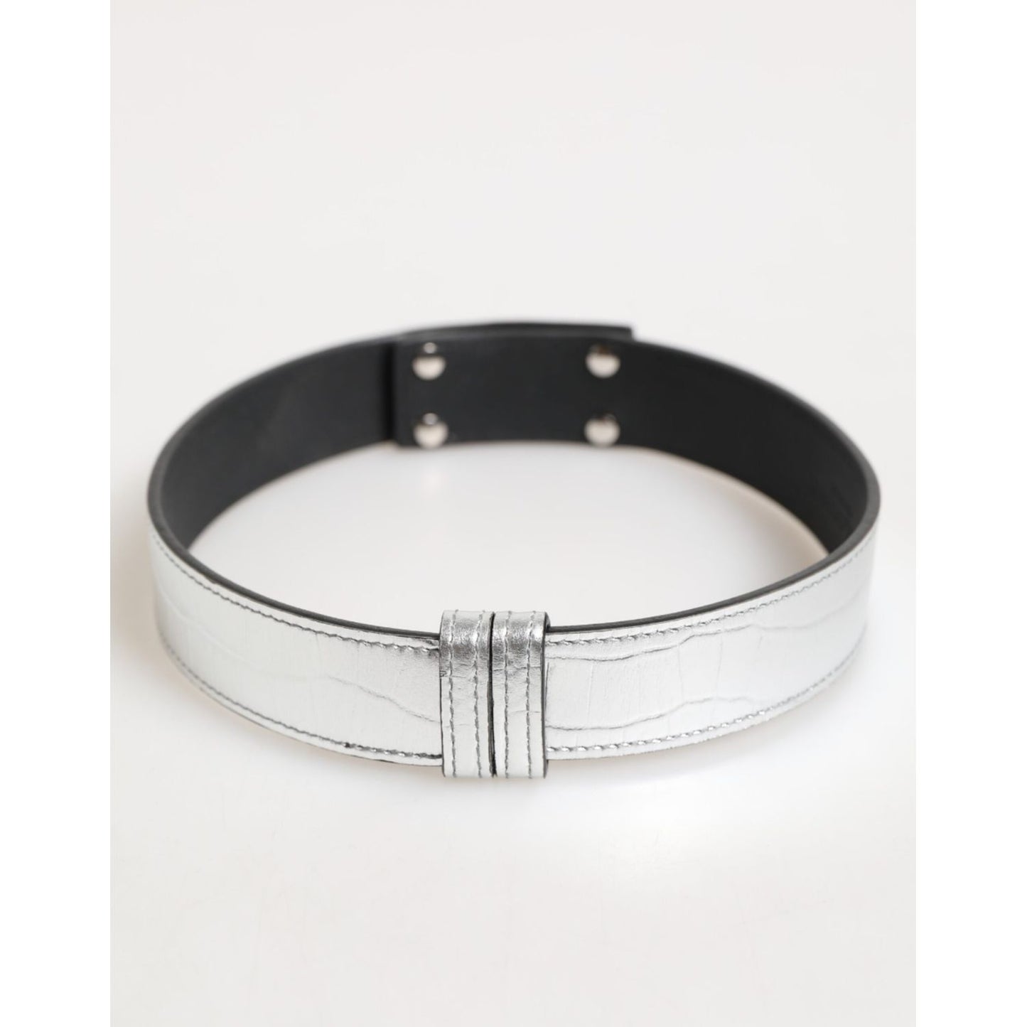 Dolce & Gabbana Silver Textured Leather Gold Tone Metal Neckband with logo tag and adjustable buckle for a modern fashion-forward look.