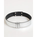 Dolce & Gabbana Silver Textured Leather Gold Tone Metal Neckband with logo tag and adjustable buckle for a modern fashion-forward look.