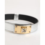 Dolce & Gabbana Silver Textured Leather Gold Tone Metal Neckband with signature engraved logo tag and adjustable buckle closure.