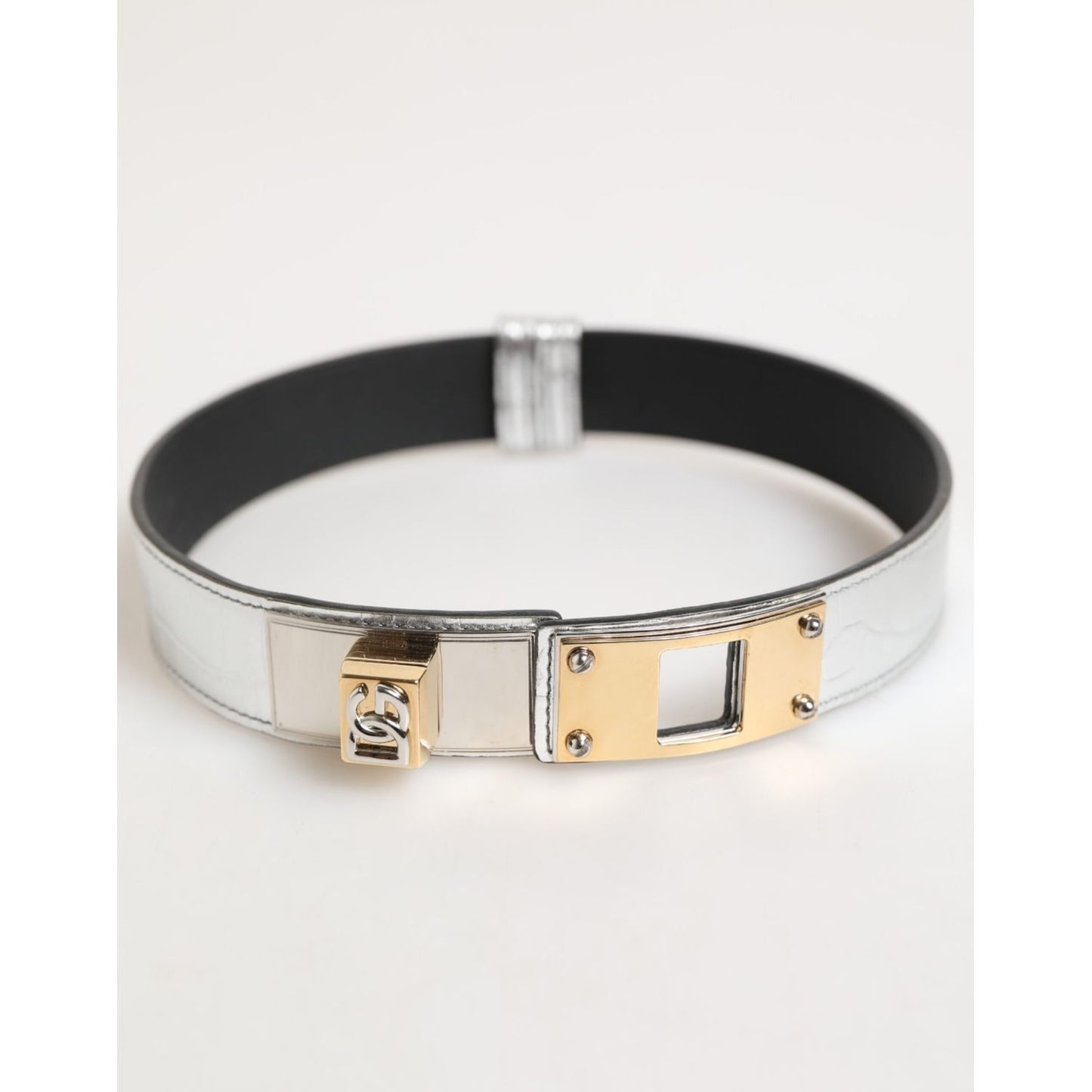 Dolce & Gabbana Silver Textured Leather Gold Tone Metal Neckband with engraved logo, elegant fashion accessory.